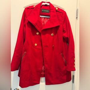 Guess Women's Vibrant Red Trench Coat with Gold Buttons
